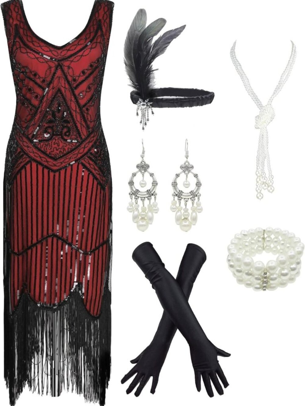 1920s Sequin Fringed Flapper Dress with Accessories Set - Gatsby Style Vintage